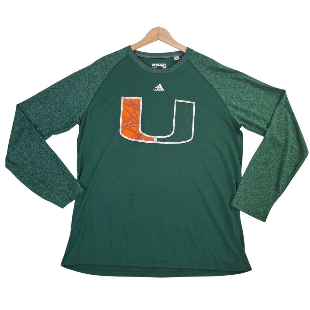 Adidas Miami Hurricanes Ultimate Tee Shirt Mens‎ XL Green Long Sleeve